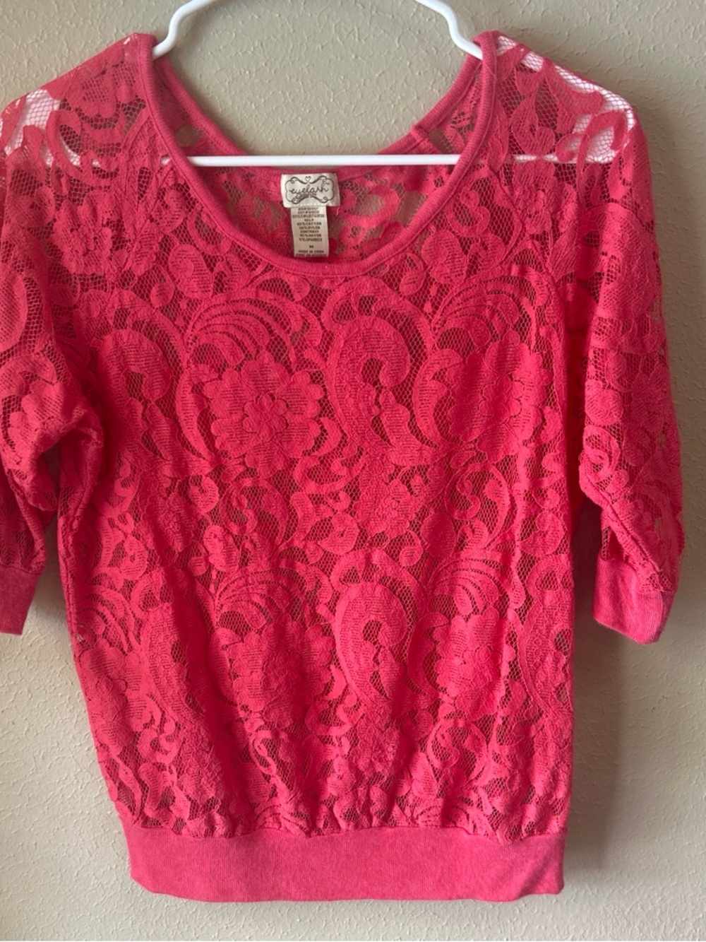 Hot Pink Floral Lace Short Sleeve Top Size M